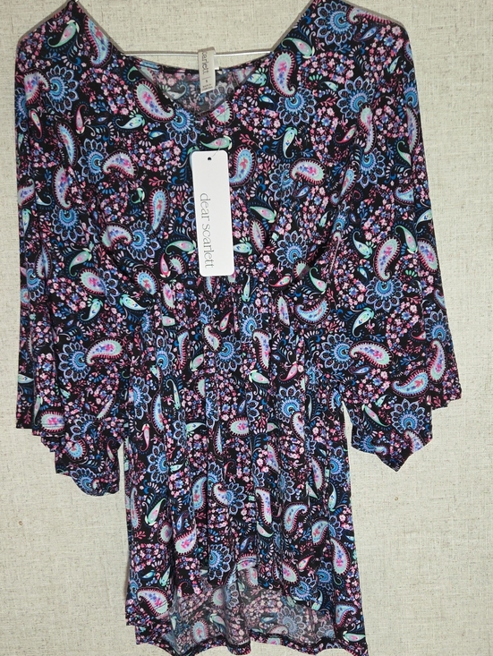 Dear Scarlett Tops - Dear Scarlett Black Paisley Tunic with Pink and Blue Accents